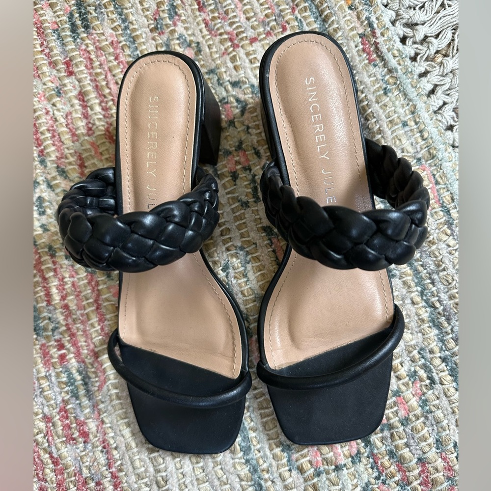 Braided stacked heel sandal